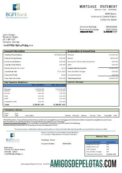Declaração de hipoteca do banco BGFI da Guiné Equatorial Scr exemplo real